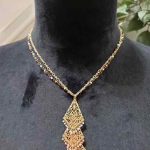 Womens Fashion Gold Tone Filigree Diamond Shape Beaded Necklace with Lobster - £18.09 GBP