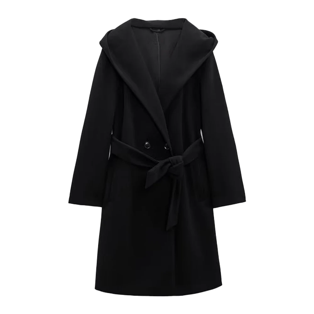 WOMEN TRAF 2022 New Matching Belt Hooded Coat Fashion Temperament Retro Long Sle - £159.04 GBP