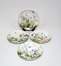 NEW Williams Sonoma Set of 4 Mixed Floral Meadow Bunnies Salad Plates 9" Porcela - £82.55 GBP