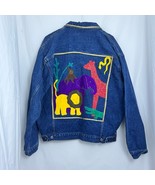 Vintage Rock Creek Safari Animals Denim Jacket Gold Trim Applique L - $61.13