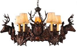 Chandelier 5 Small Stag Heads Deer 5-Light Hand-Crafted OK Casting Faux Leather - £2,597.10 GBP