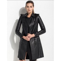 WOMENS BLACK REAL LEATHER TRENCH COAT - ALL SIZES AVAILABLE - £111.28 GBP