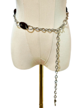 Silver Metal Chain Link Hip Waist Belt Oval Wood Brown Beads Womens BOHO Hippie - £9.78 GBP