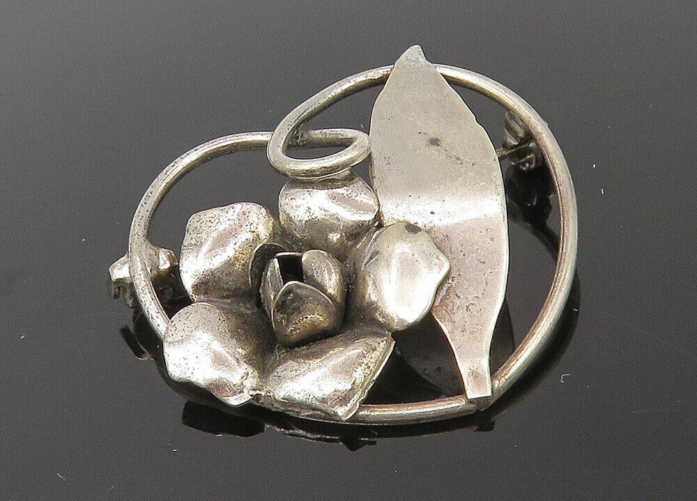 Primary image for 925 Sterling Silver - Vintage Dark Tone Sculpted Flower Heart Brooch Pin- BP4238