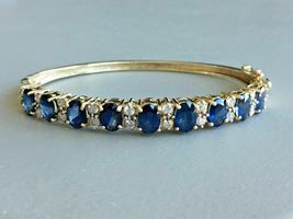 Estate 14K Yellow Gold Over 9.75Ct Blue Sapphire &amp; Diamond Bangle Bracelet - £141.39 GBP