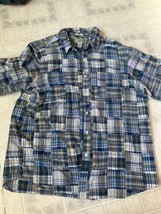 LL Bean Shirt Patchwork Mens XL Madras Plaid Button Up Short Sleeve Blue... - $34.37