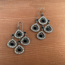 Rhinestone Dangle Earings with Small CZ Around Black Faceted Center Stones - £15.21 GBP