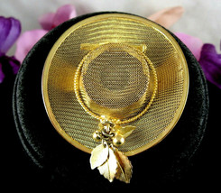 Gardening Hat Pin Vintage Goldtone Metal Mesh Brooch Dangle Leaves &amp; Beads - £12.65 GBP