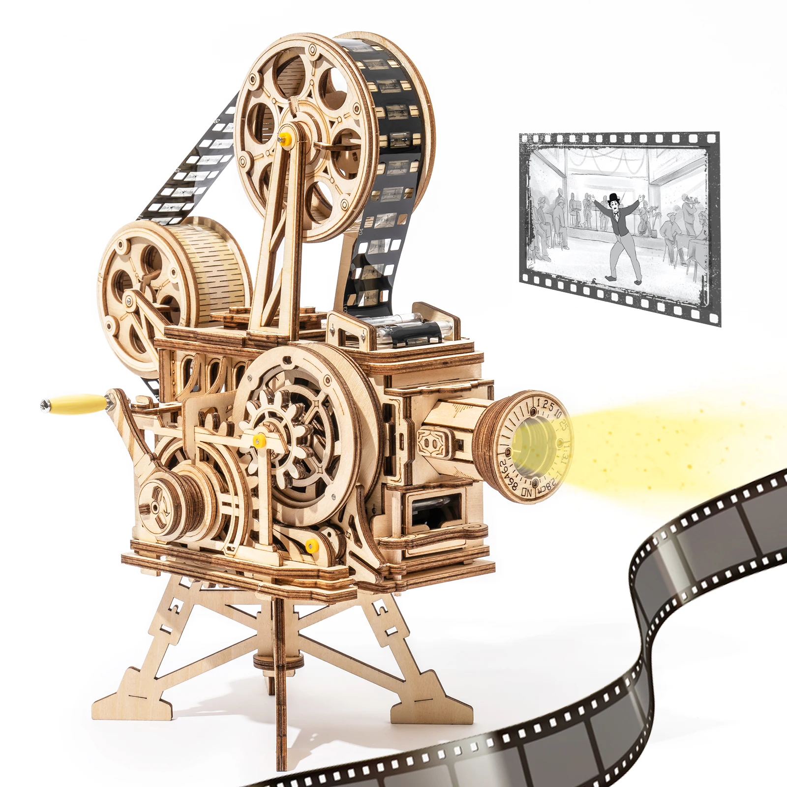 Robotime ROKR Hand Crank Projector Classic Film Vitascope 3D Wooden Puzzle Model - £72.68 GBP