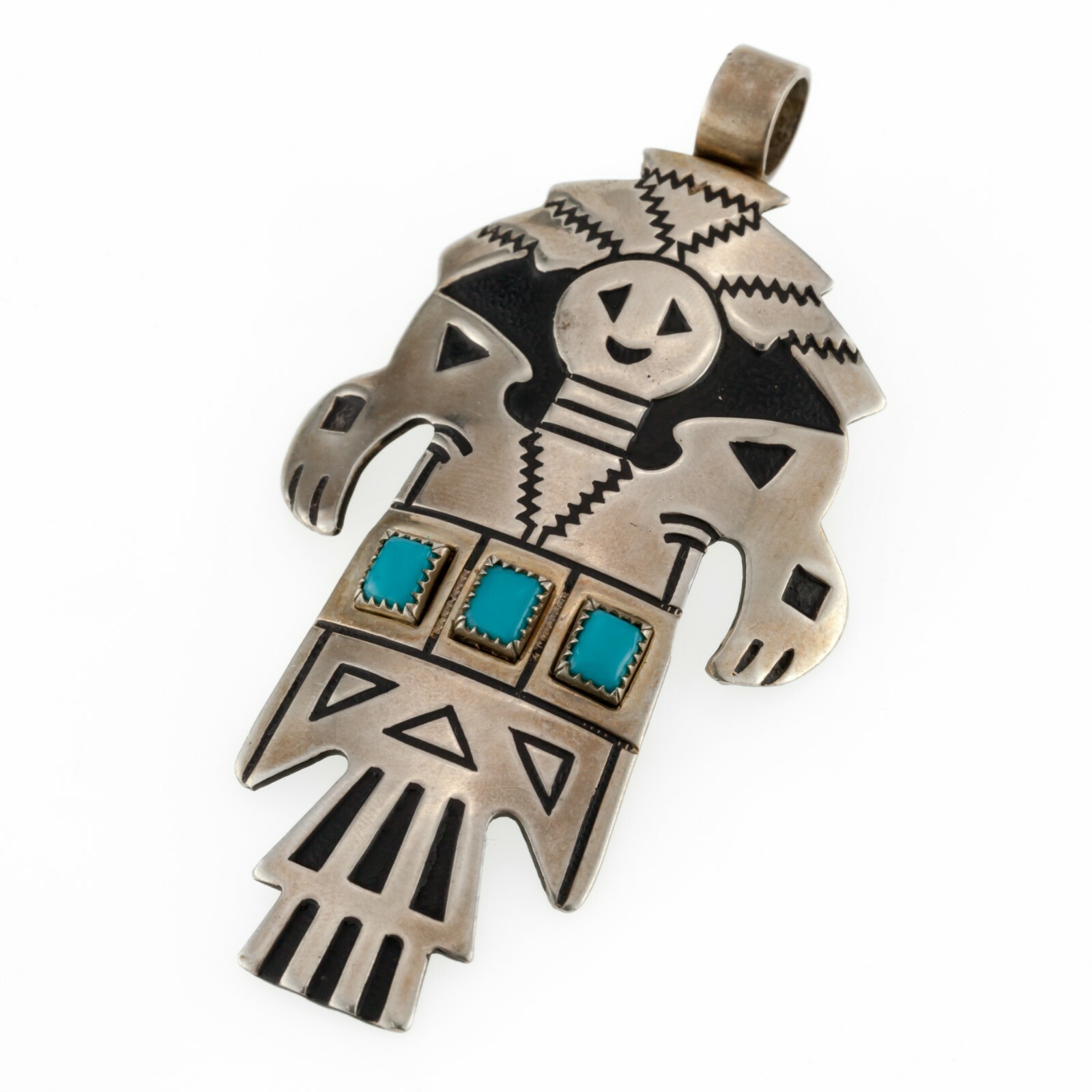Navajo Kachina Sterling W/Turquoise &amp; Pendentif 65 MM Long - $341.12
