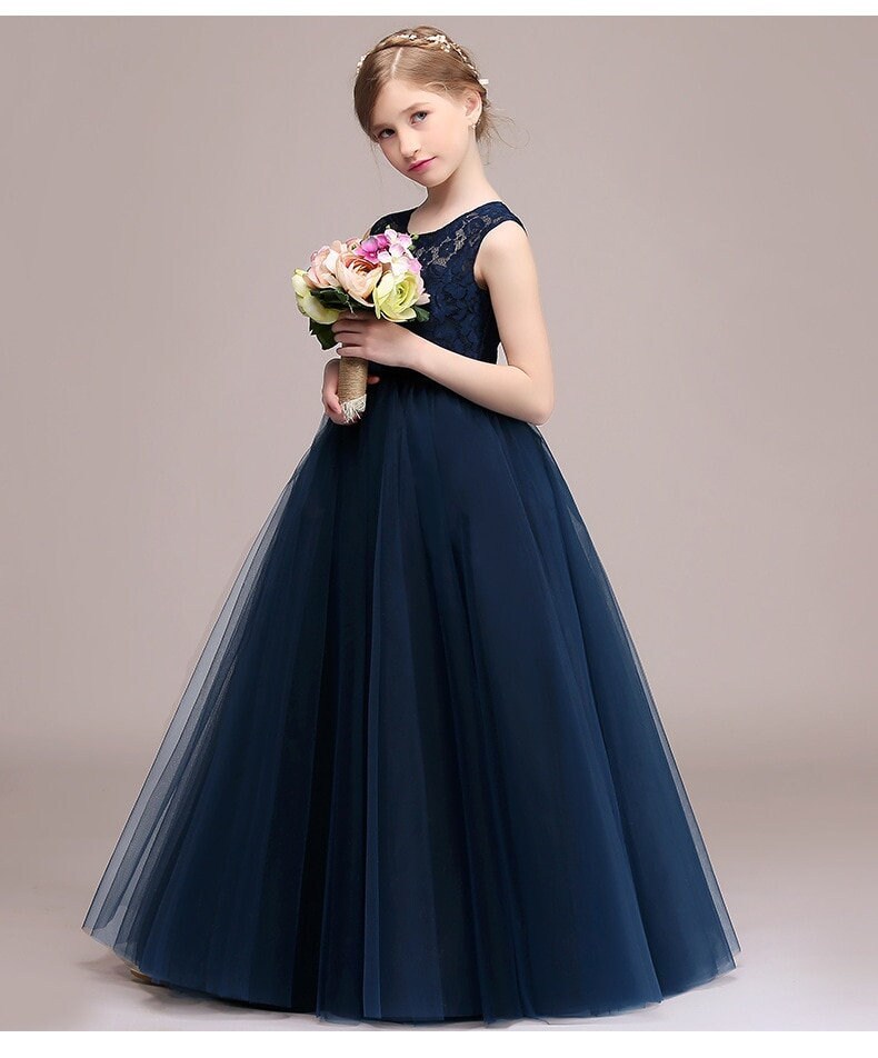 Primary image for Navy Blue Dress For Girl 2022 Lace Tulle Flower Girl Dresses Sleeveless Kids Bir