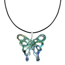Glowing Butterfly Rainbow Abalone and Sterling Silver Boho Rubber Cord Necklace - £12.44 GBP