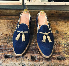 Men Suede Leather Blue Color Tassel Loafer Slip Ons Handcrafted Party Wear Shoes - £120.26 GBP+