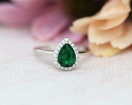 Lab Created Green Emerald 1.50CT Pear Cut Engagement Ring 14K White Gold Plated - £110.78 GBP