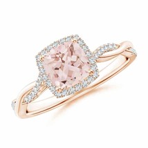 ANGARA Twisted Shank Cushion Morganite Halo Engagement Ring in 14K Gold - £890.23 GBP