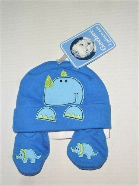 Primary image for Gerber Baby Boy Blue/Green Dinosaur Cap/Hat Booties 0-6M; BABY SHOWER CLOTHES