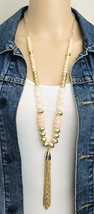 Gold Tone Pink Peach Plastic Beaded Costume Tassel Necklace - £15.59 GBP