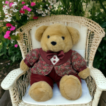 Vintage 17&quot; Teddy Bear Victorian Style Suit Bow Tie Burgundy Floral Soft Plush - £17.61 GBP