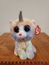 Ty Silk Beanie Boos Heather Cat Unicorn Rainbow Plush Kitten Gold and Blue Eyes - $9.41