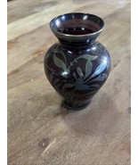 Vintage Black Amethyst Vase Silver Hand Painted Floral Design 4.25” Tall - $47.66 CAD
