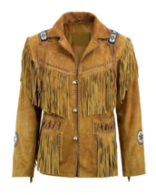 Men&#39;s American Tan Suede Leather Jacket Handmade Indian Beaded Cowboy Style Coat - £70.94 GBP+