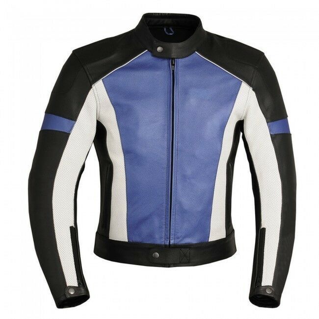 Men Three Tone Black White Blue Motor Bike Genuine Leather Safety Pads Jacket