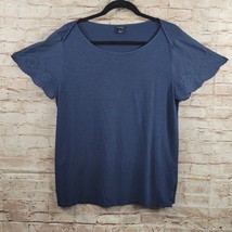 Ann Taylor Womans Tee Top Large Blue Embroidered Flutter Sleeve Round Neck - $10.39