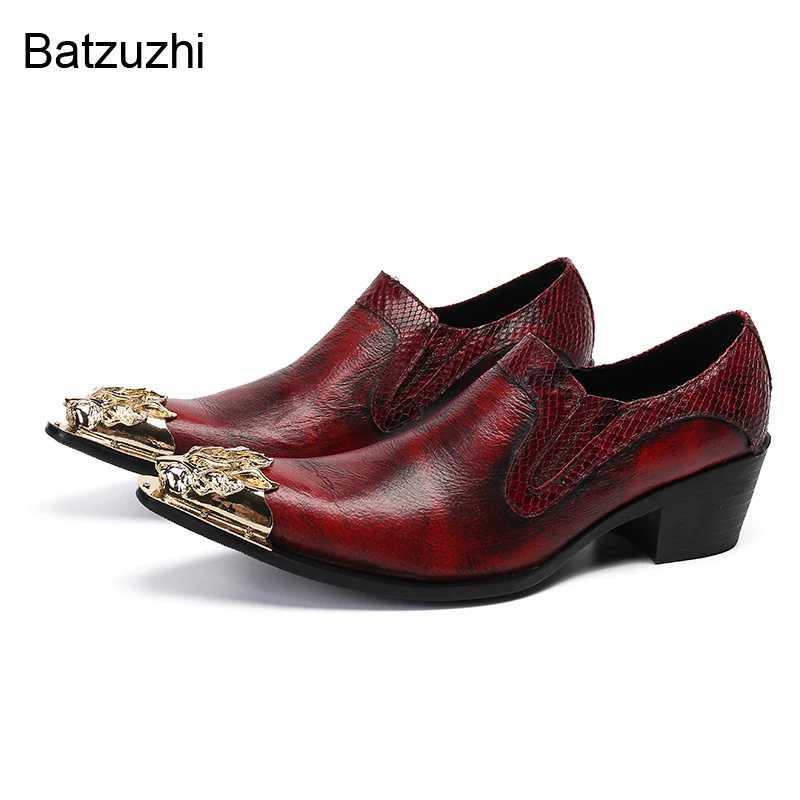 Batzuzhi Handmade Men&#39;s Shoes Fashion   Toe Leather Dress Shoes Men Wine Red Par - £155.71 GBP