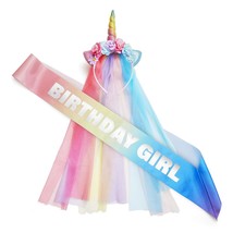 Unicorn Birthday Decorations For Girls - Birthday Sash And Unicorn Hat - Rainbow - £20.77 GBP