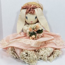 Vintage Hand Made Mop Head Lamb Girl Doll with Cloth Face Wicker Hat Lac... - £25.46 GBP