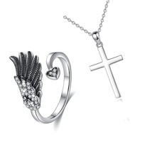 Simple Crucifix Cross Necklace and Angel Wing Rings - $172.07