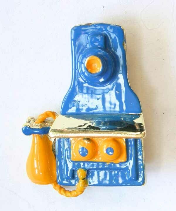 Primary image for Enamel Gold-tone Antique Style Wall Telephone Brooch 1960s vintage 1 1/2"