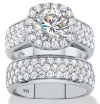 Round Cz Halo Engagement 2 Piece Ring Set Sterling Silver 6 7 8 9 10 - £157.31 GBP