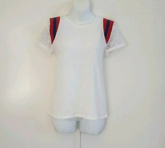 Rebellious One Women&#39;s Lace Short Sleeve Striped Shoulder White Top size Medium - £20.99 GBP