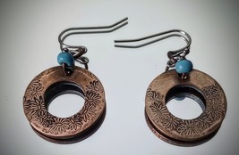 Hand stamped floral lightweight tumbled copper earrings - $18.00