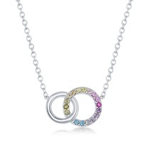 Sterling Silver Rainbow CZ Double Linked Circle Necklace - £46.60 GBP