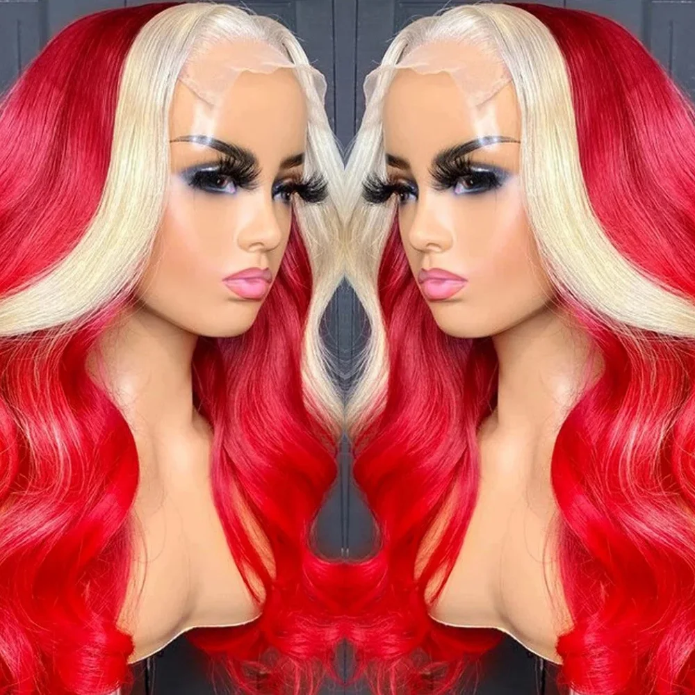 RONGDUOYI Blonde Highlight Red Body Wave Synthetic Lace Front Wig Long Natur - £44.03 GBP+