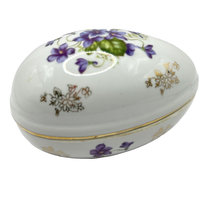 Lefton Floral Egg Shaped Porcelain Trinket Box Vintage Made in Japan Purple Gold - $14.45