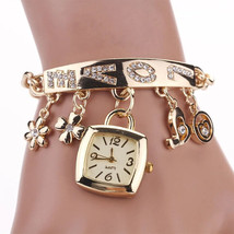 Women’s Rhinestone Inlaid Letter Watch Chain Bracelet with Flower Pendant Gift - $12.99