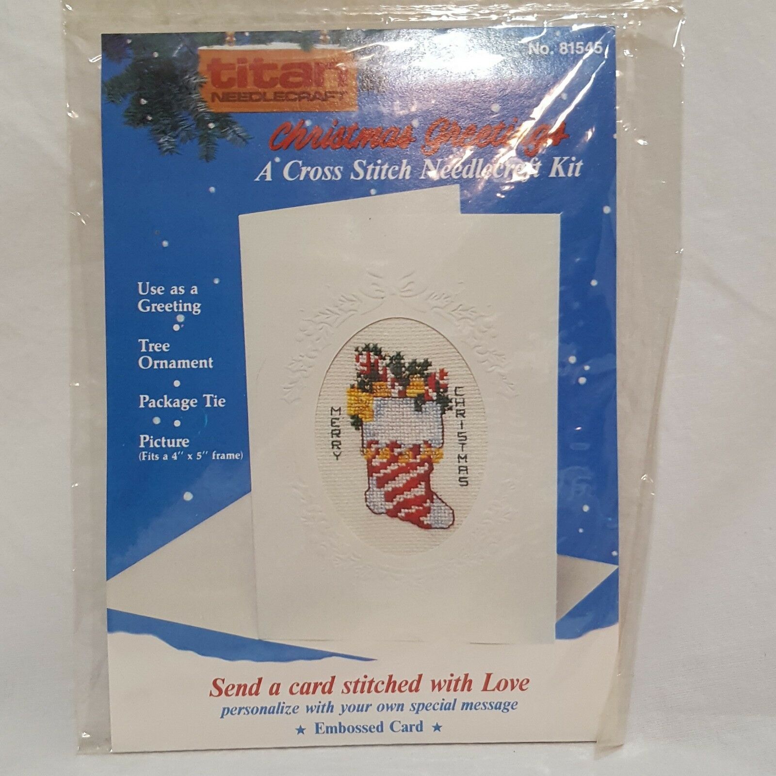 Christmas White Card Cross Stitch Kits 1988 Stocking Titan Needcraft Embossed - $8.23