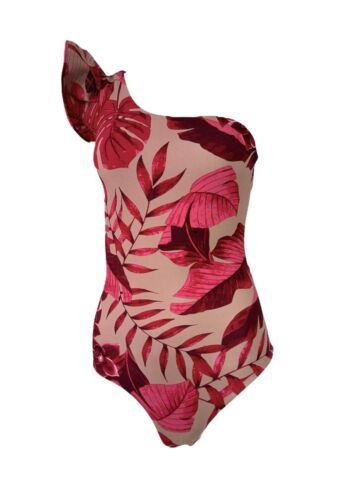 Primary image for Johanna Ortiz X H&M One Shoulder Pink Red Swimsuit Size XXS Asymmetrical Ruffle