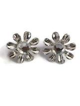Silver Tone Floral Flower Rhinestone Jewel Stud Earrings - £14.55 GBP