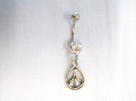 Pewter Peace Sign Droplet Shaped Charm On 14g Clear Cz Navel Belly Ring Barbell - £4.86 GBP