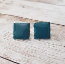 Vintage Clip On Earrings Teal Wavy Square - £10.38 GBP