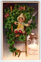 Happy New Year Postcard Child Girl Ladder Clovers Wine Glass Embossed BW Germany - £16.06 GBP