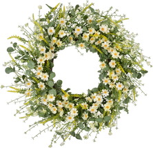 Artificial Daisy Flower Wreath 24 Inches with Eucalyptus Leave Silk Flower White - £40.97 GBP