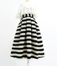 Black White Striped Pleated Midi Skirt Winter Women Plus Size Wool Pleated Skirt image 4