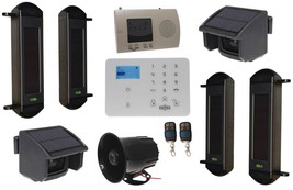 Solar Wireless Beams &amp; PIR Perimeter Alarm with GSM Dialler &amp; Loud Wired Siren - £635.65 GBP+