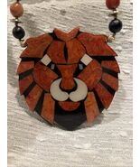 Vintage 1970 Lee Sands Mosaic Coral Onyx Inlay Lioness / Tiger Necklace - $60.00