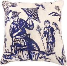 Pillow Throw Boy With Bird 18x18 Blue Needlepoint Canvas Cotton Velvet Wool - £215.02 GBP